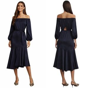 Sachin & Babi Dress Navy Long Sleeve Off Shoulder Dress Asymmetrical Hem Size 2
